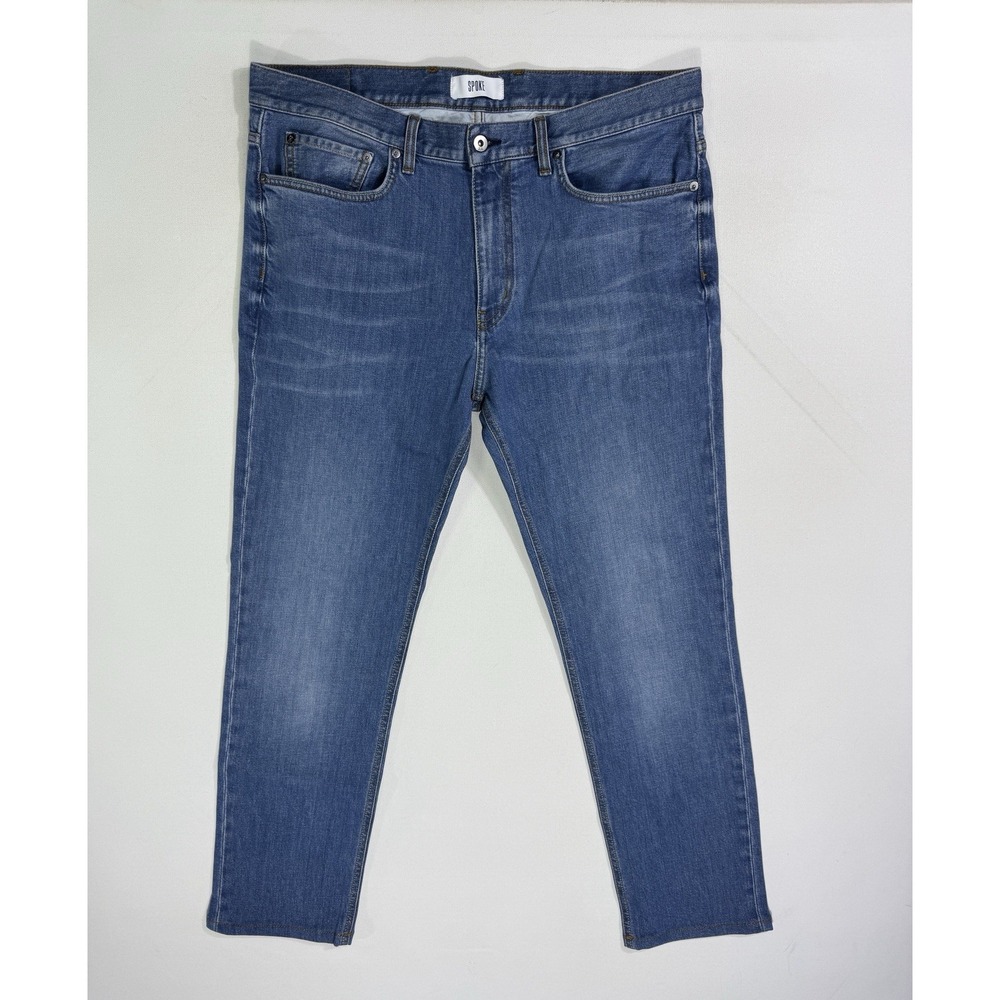 Spoke Blue Denim Jeans Mens 36x28 Build A Stretch Travel Commuter Straight Leg